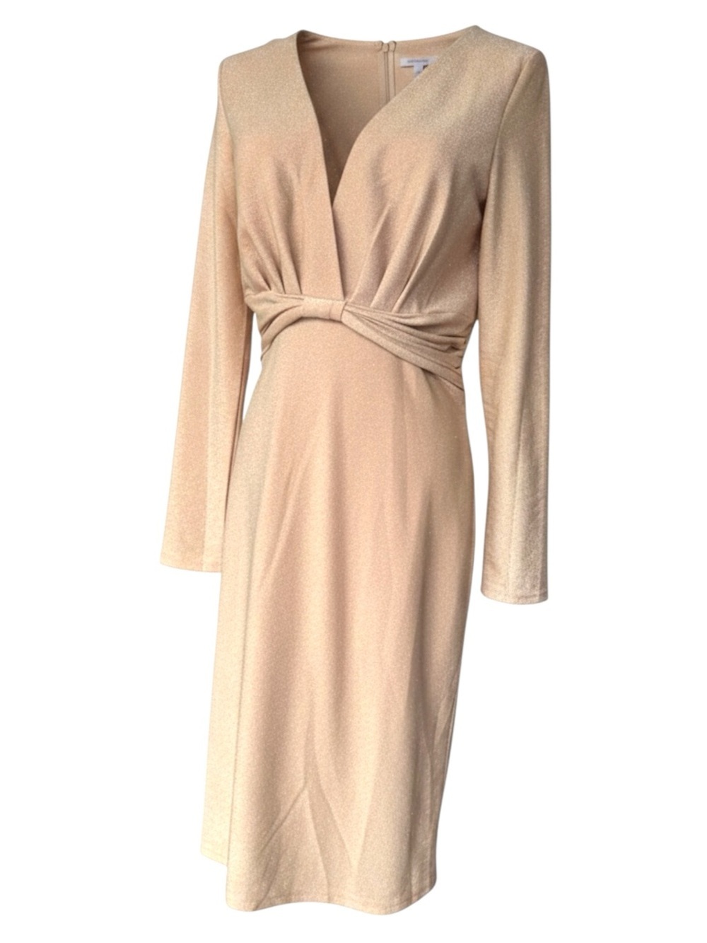 NWT AREA STARS Gold Shimmer Midi Dress V-Neck Ruched Size M.